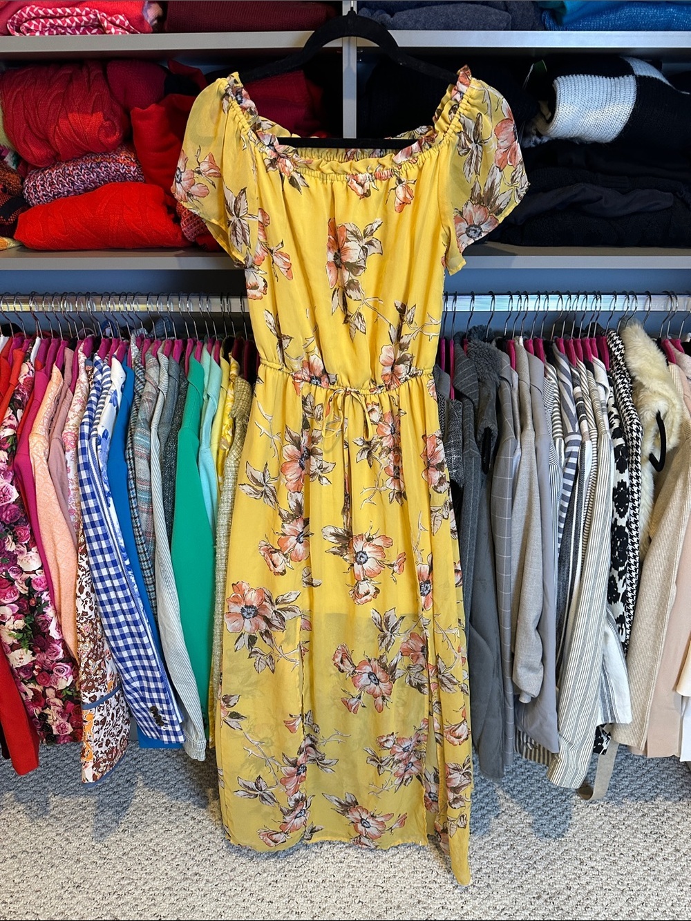 BeBop yellow/peach/brown floral sheer short sleeve lined maxi dress size S